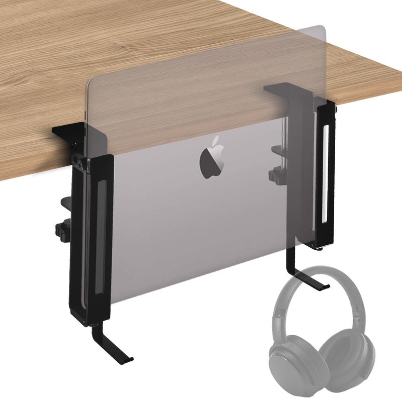 IFCASE Adjustable Desk Side Laptop Mount Holder with Headphone Hook, No Drill Desk Storage Organizer (Black) - Image 1